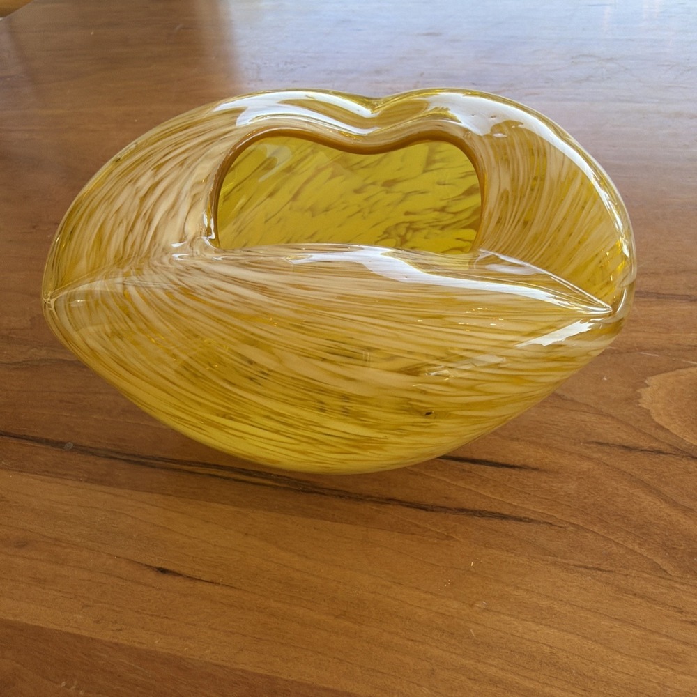Vintage Yellow White Swirl Hand Blown Glass Vase or Ashtray or Cigar Bowl 5.5"